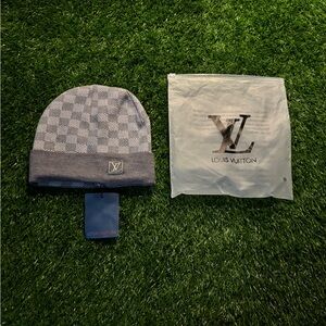 Louis Vuitton Gray Checkered Knit Beanie with LV Patch